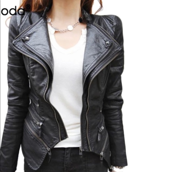 Studded Shoulder Pads Spliced Snake Double Lapels Zipper Dovetail Faux Leather - Picture 1 of 6